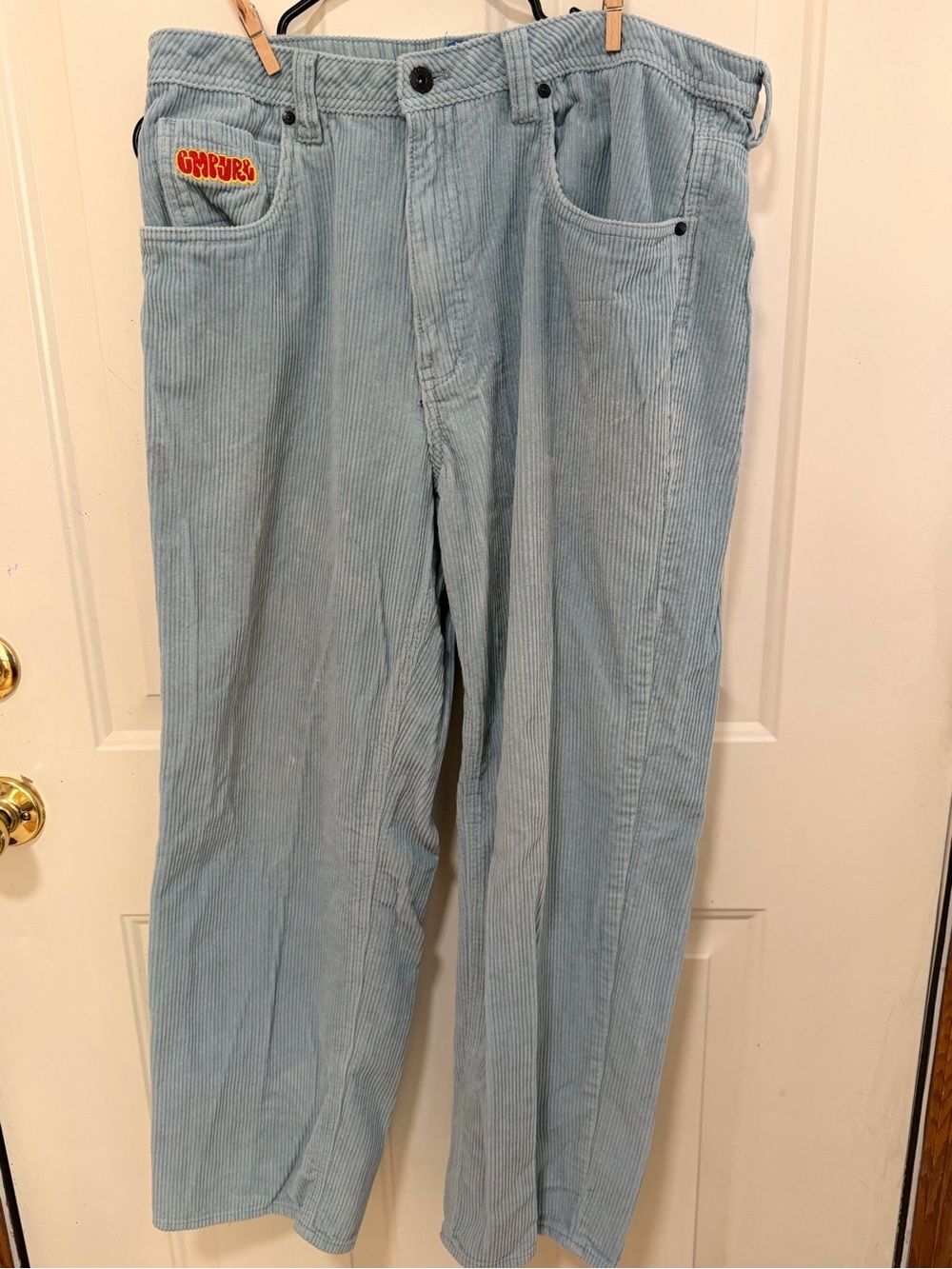 Light Blue Corduroy Men's Pants with Patch Detail